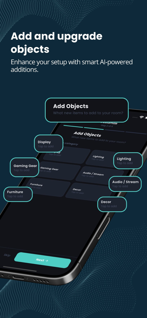 Game Room AI Designer - Game Room AI Designer interface for selecting gaming gear and lighting categories to enhance a room setup