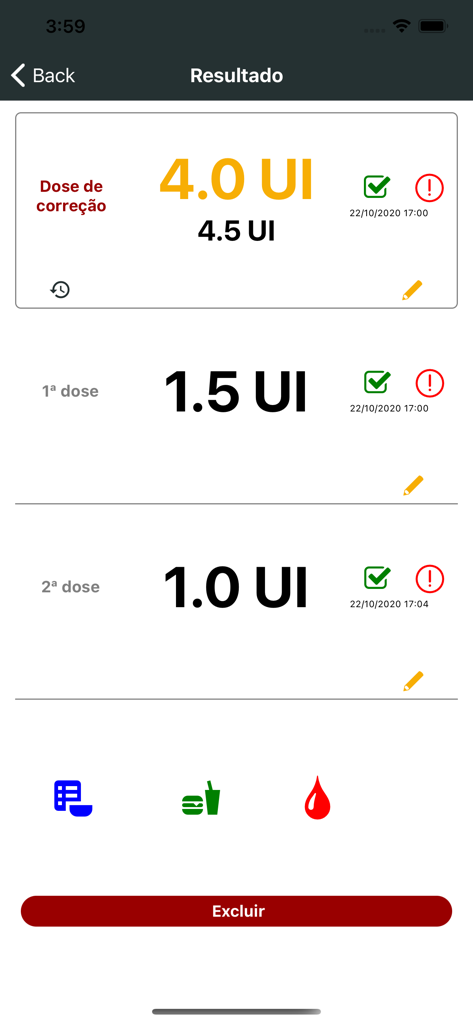 A screen showing insulin dose calculations and split dosing results for diabetes management