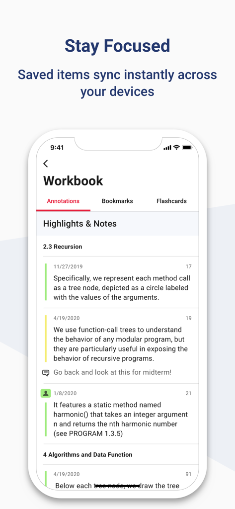 McGraw Hill Express Library - A mobile screen showing synced highlights and notes in the McGraw Hill Express Library app
