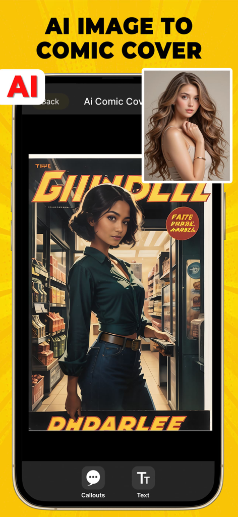 AI feature in the Comic Cartoon Story Maker app transforming a person's photo into a professional comic book cover design.