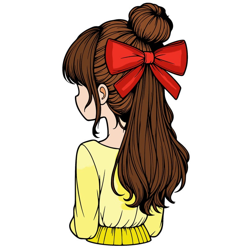 realistic girl  with hip length hair a bun and a big bow on the back of head