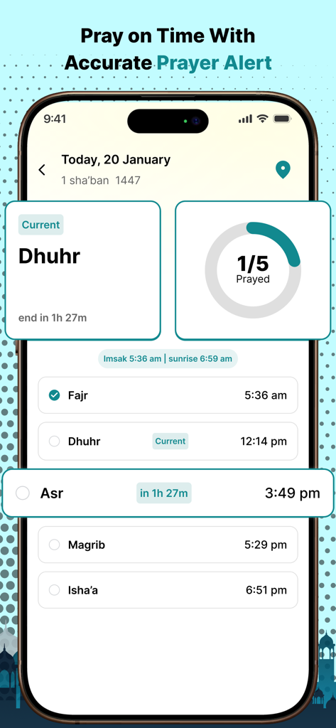Quran-al-Hikma : Ramadan 2026 - Mobile app interface showing daily prayer times and progress tracker