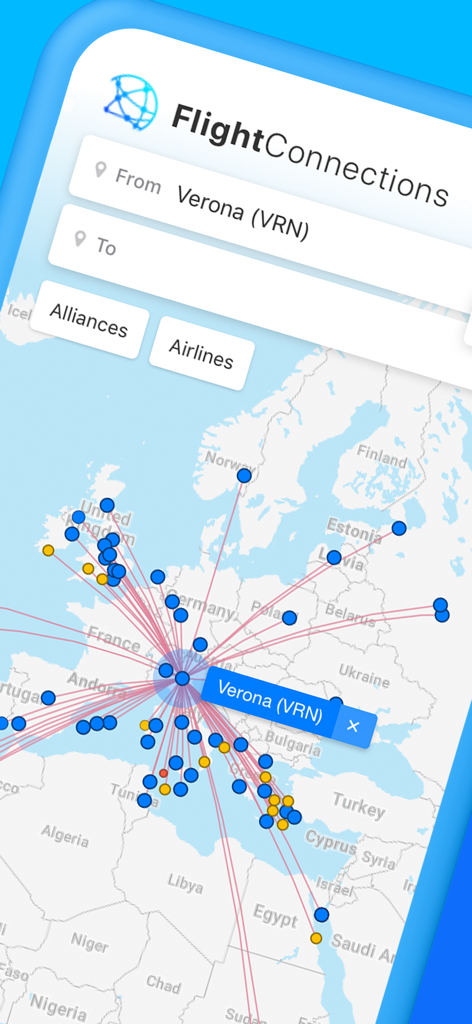 FlightConnections - Interactive map in the FlightConnections app showing flight routes from Verona airport.
