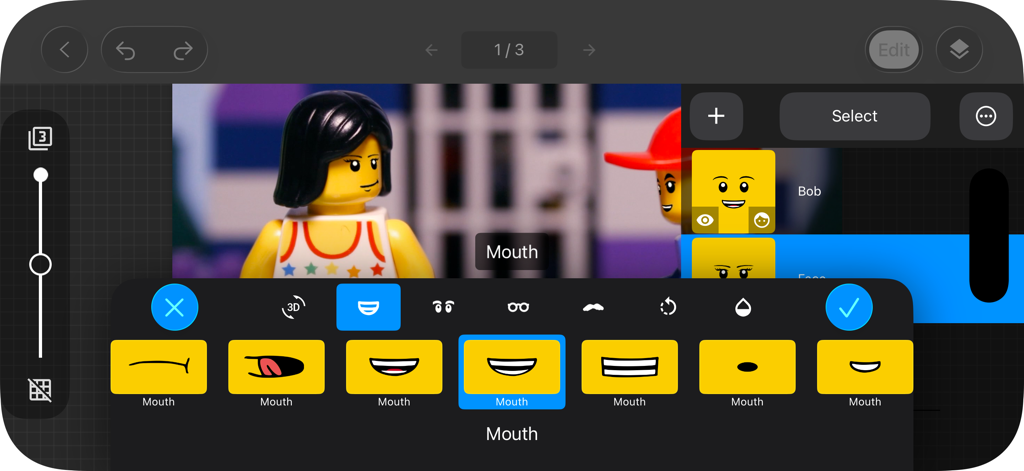 Interface of Stop Motion Studio Pro showing facial expression editing for a LEGO minifigure
