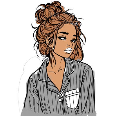 realistic woman with pajamas on and a messy bun
