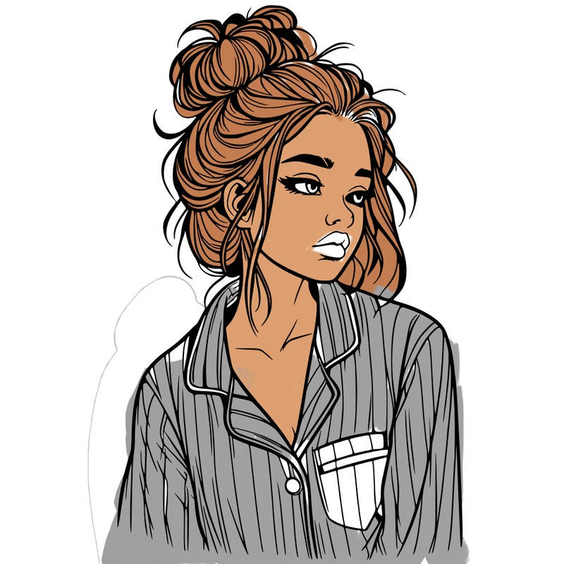 realistic woman with pajamas on and a messy bun