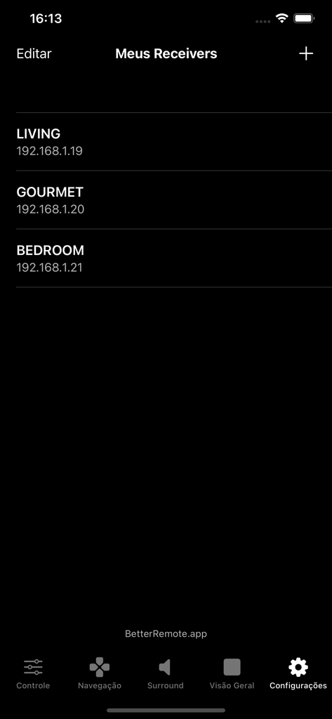 Better Remote - Lista de receptores AV conectados para as áreas de Sala de Estar Gourmet e Quarto no aplicativo Better Remote