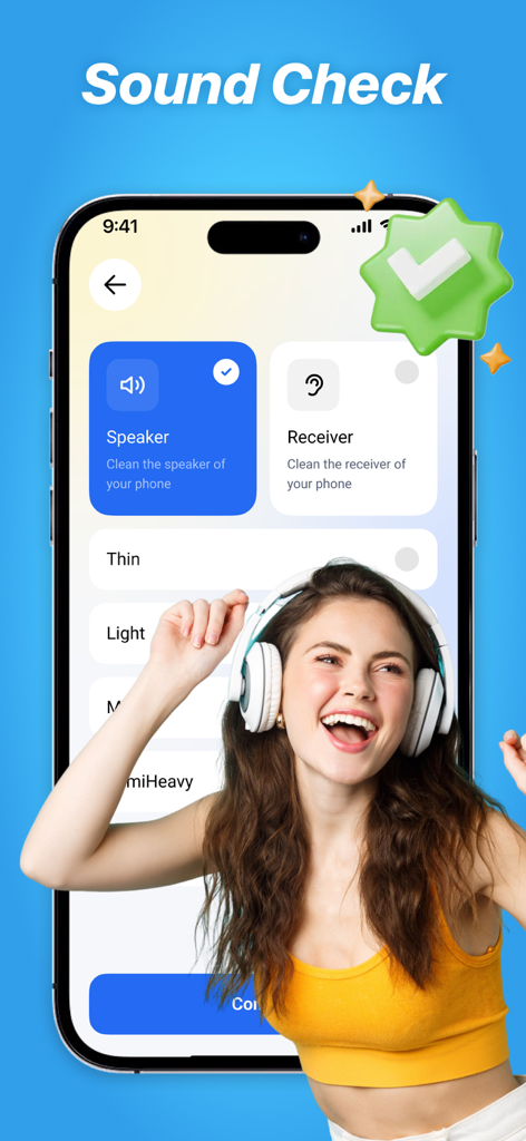 Interfaz de la aplicación Clear Wave que muestra opciones de limpieza de altavoces y verificación de sonido en la pantalla de un teléfono inteligente