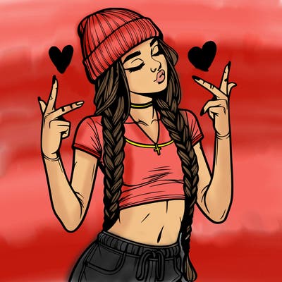 realistic teenage girl with braids and a beanie and crop top doing 🫶🏼