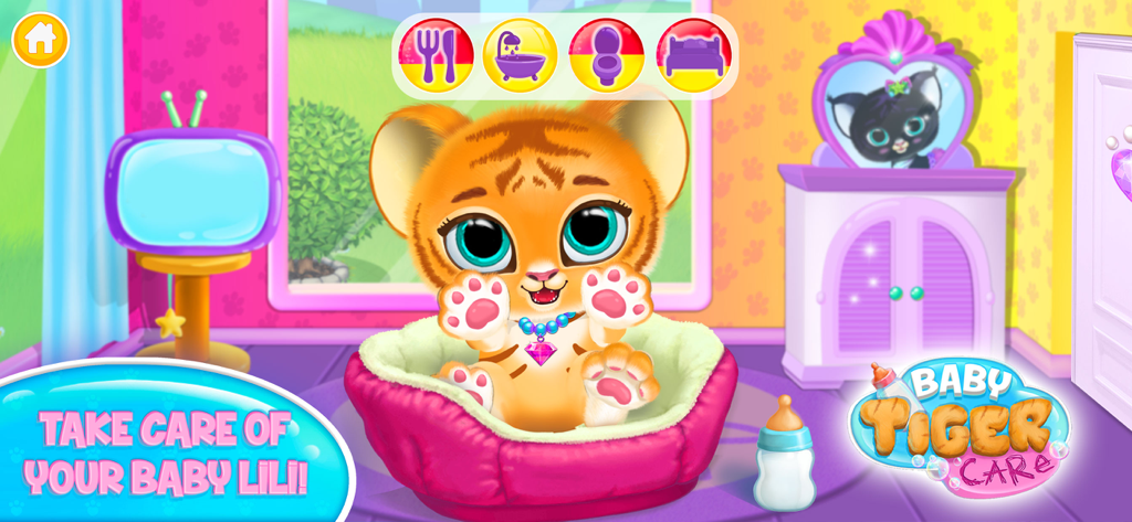 Baby tiger Lili sitting in a pink bed in a colorful room with pet care icons.