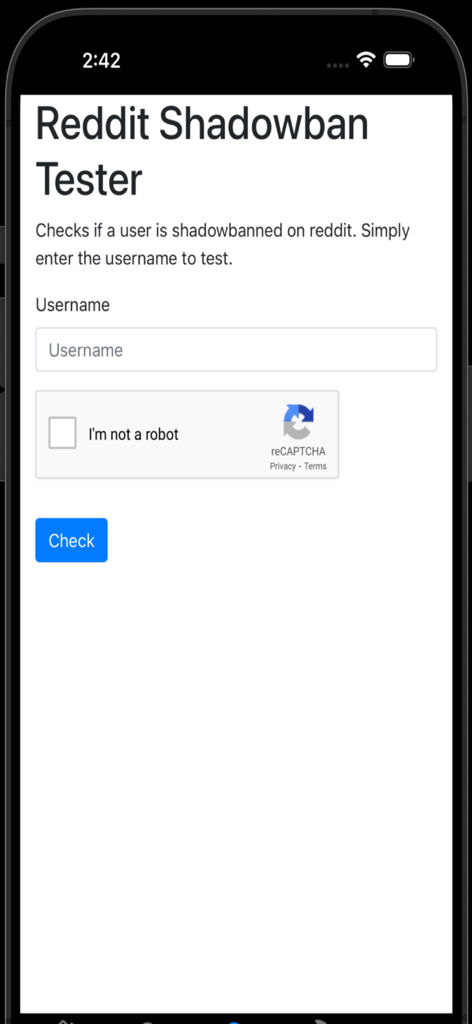 Pantalla del probador de shadowban de Reddit con entrada de nombre de usuario y botón de comprobación