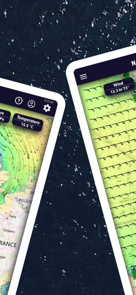 NavimetriX - NavimetriX app screens showing wind data and weather maps for marine navigation