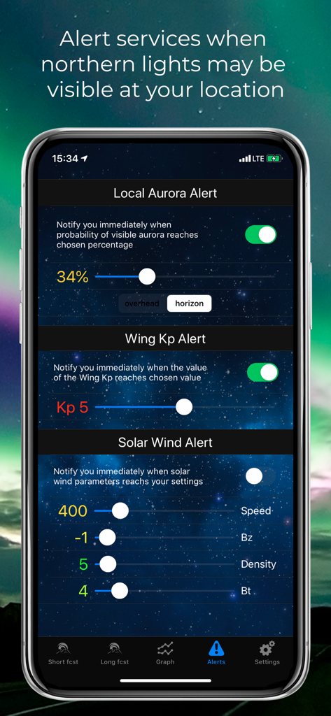 Interface of the Aurora Alerts app showing customizable notification settings for Kp index and solar wind parameters.