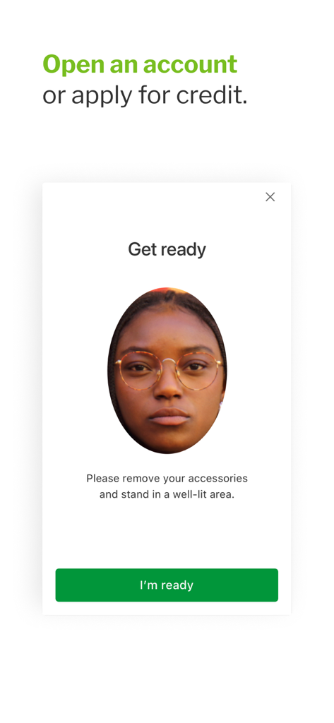 Nedbank Money - Mobile screen showing facial recognition step to open a Nedbank account or apply for credit