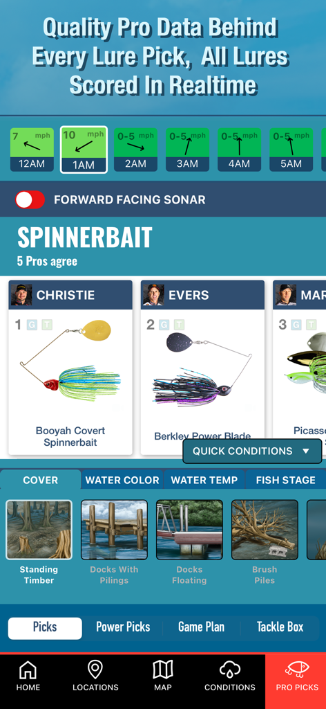 BassForce: Bass Fishing Guide - BassForce app screen showing professional bass fishing lure recommendations and cover condition settings.