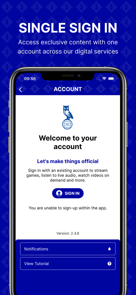 Oldham Athletic AFC - Pantalla de inicio de sesión de la cuenta de la aplicación Oldham Athletic con el logo del club y opciones de inicio de sesión