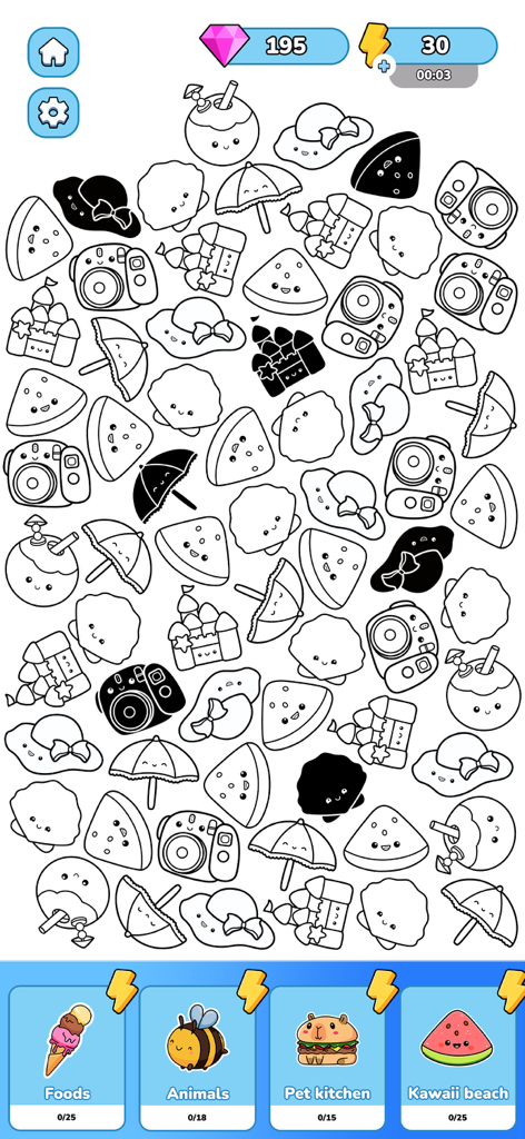Merge Sticker Playbook 2D - Mobile game interface with black and white sticker outlines and themed collection categories