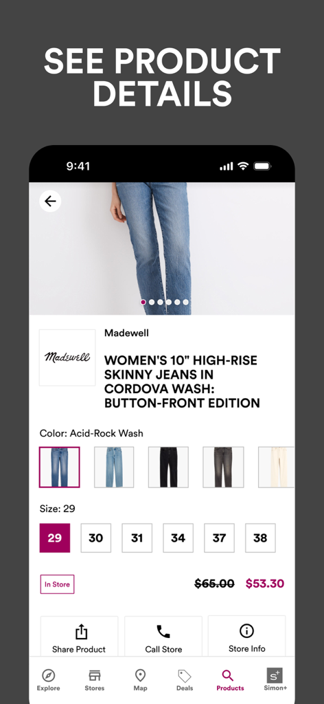 SIMON: Malls, Mills & Outlets - Uma tela móvel mostrando detalhes do produto Madewell para calças skinny com opções de tamanho e preço no aplicativo Simon