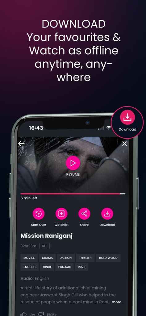Interface of StreamNxt plus app showing the movie download feature for offline viewing