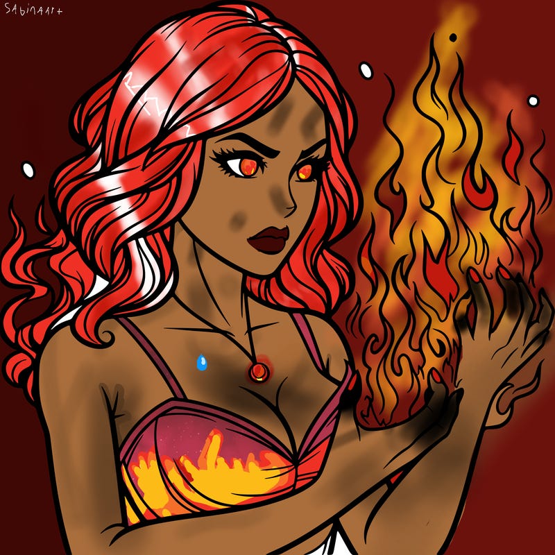 a realistic woman having the power of fire