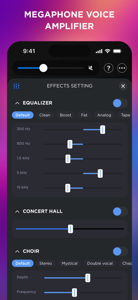 My Microphone: Voice Amplifier - Audio equalizer and voice effects settings interface in the My Microphone app
