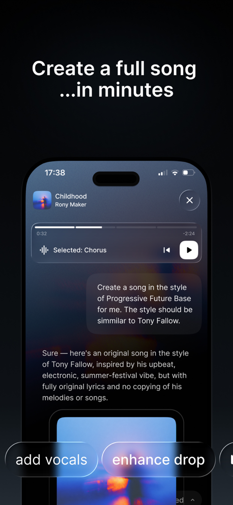 Mozart AI: AI Music Studio - Interfaz de la aplicación móvil Mozart AI mostrando una indicación de texto para generar una canción y botones de refinamiento como añadir voz.