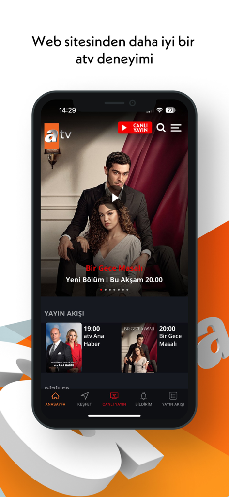 Pantalla de smartphone que muestra la página de inicio de la app de TV turca atv con series de drama y horario de transmisión.
