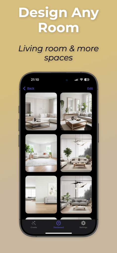 Remodel AI: Room Planner - Uma tela de aplicativo móvel exibindo uma grade de designs de sala de estar gerados por IA.