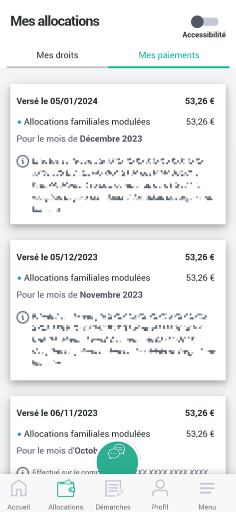 Capture d'écran de l'application Caf affichant l'historique des versements d'allocations familiales avec les dates et les montants.