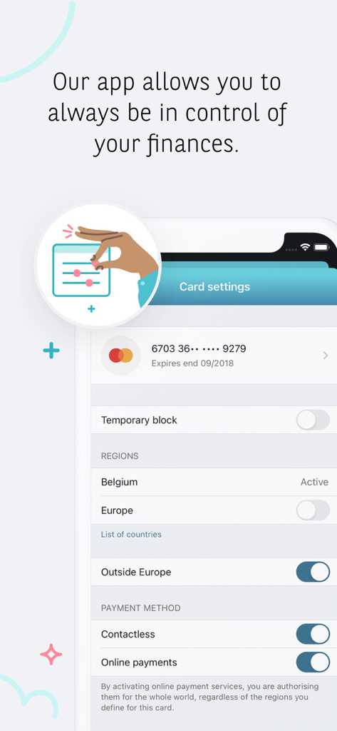 Interface de l'application Hello bank Belgique affichant les paramètres de la carte avec des interrupteurs pour le blocage temporaire et les contrôles de paiement régionaux