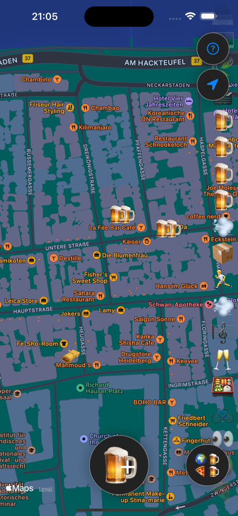 MapMoji - A mobile app interface showing a city map decorated with various emojis like beer mugs and food icons at different locations.