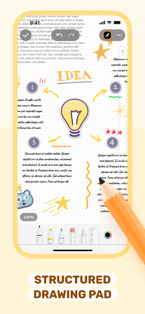 デジタルノートインターフェイスが、手書きのメモとクリエイティブなスケッチを備えた構造化された描画パッドを表示しています