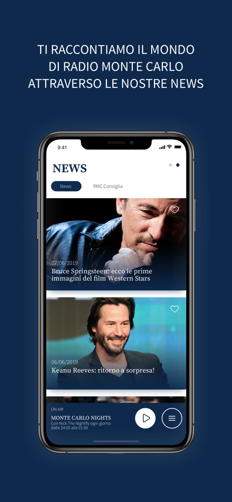 Pantalla de noticias de la aplicación Radio Monte Carlo mostrando actualizaciones de entretenimiento y el reproductor de radio en el aire.