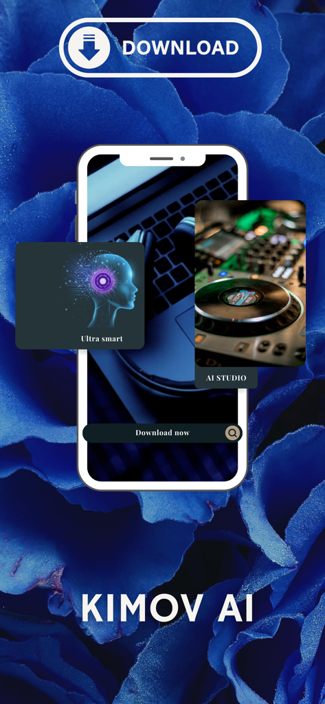 Kimov - Pantalla promocional de la aplicación móvil Kimov AI que presenta herramientas de generación de música e imágenes con IA