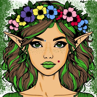 realistic female elf with flower crown