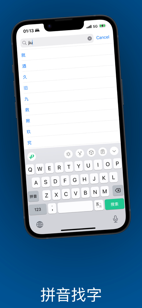 布丁五笔助手: 学五笔反查跟打练习 - iPhone screen showing the Pinyin character search feature in the Pudding Wubi Assistant app