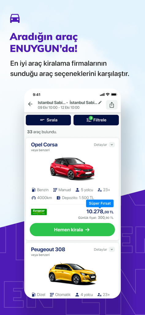 ENUYGUN: Uçak Otel Otobüs Araç - ENUYGUN Mobile App-Oberfläche für Mietwagenvergleiche und Buchungen mit Automodellen und Preisen