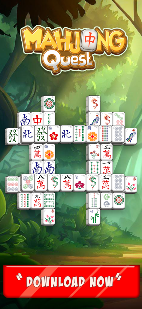 Diseño de emparejamiento de fichas de Mahjong Quest en un fondo verde frondoso con un botón de descarga ahora