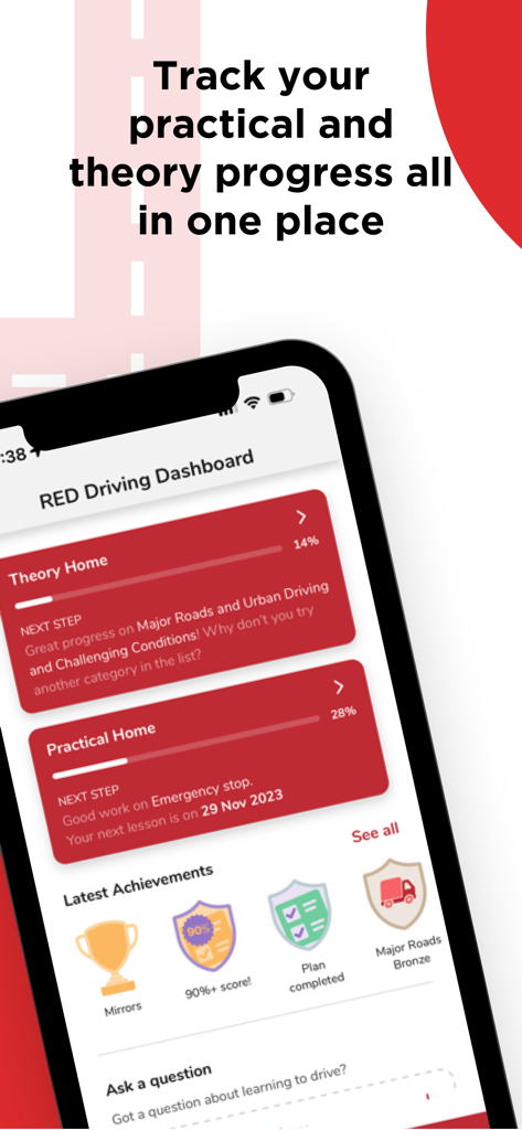 Learn to Drive with RED - Learn to Drive with RED app dashboard showing progress tracking for theory and practical tests and latest achievement icons.