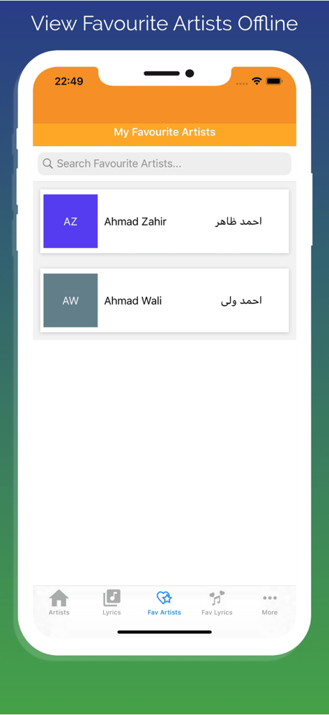 Favorite artists screen in the Afghan Song Lyrics app for offline viewing