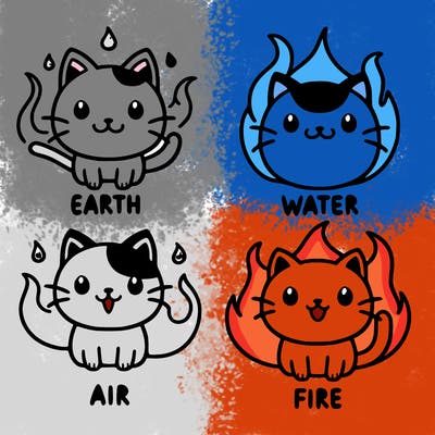 4 cats that are the 4 elements, earth, water, air, fire