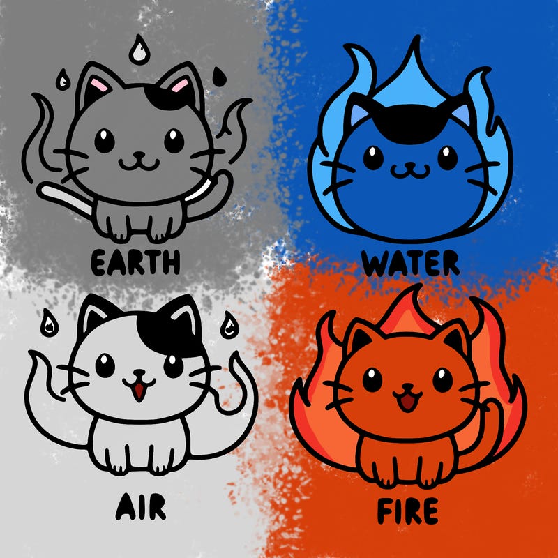 4 cats that are the 4 elements, earth, water, air, fire