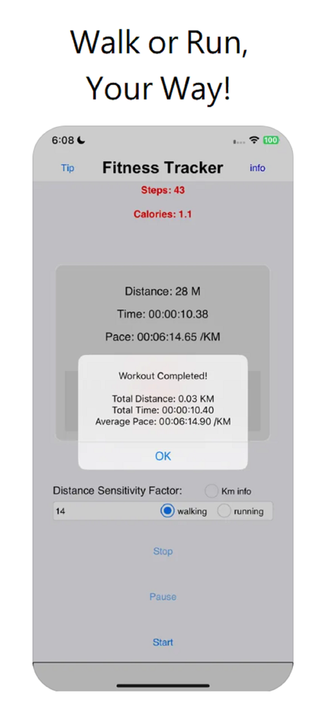 통계와 함께 운동 완료 알림을 보여주는 피트니스 트래커 모바일 앱 화면