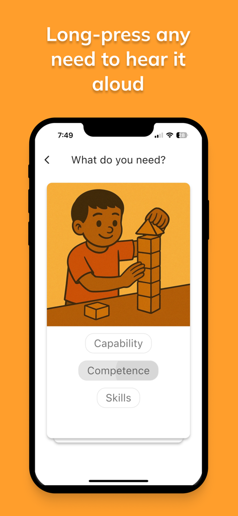 Feelings & Needs: Kids Edition - Feelings and Needs Kids Edition app screen showing a child playing with blocks and the need for competence selected.