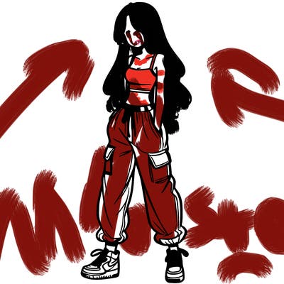 girl in baggy pants crop top and long hair