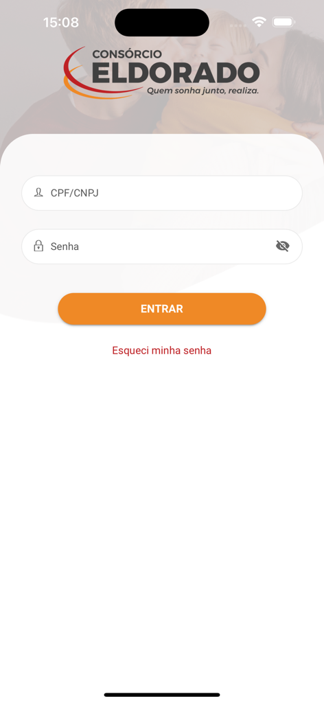 Login screen for the Consorcio Eldorado financial app showing CPF and password input fields