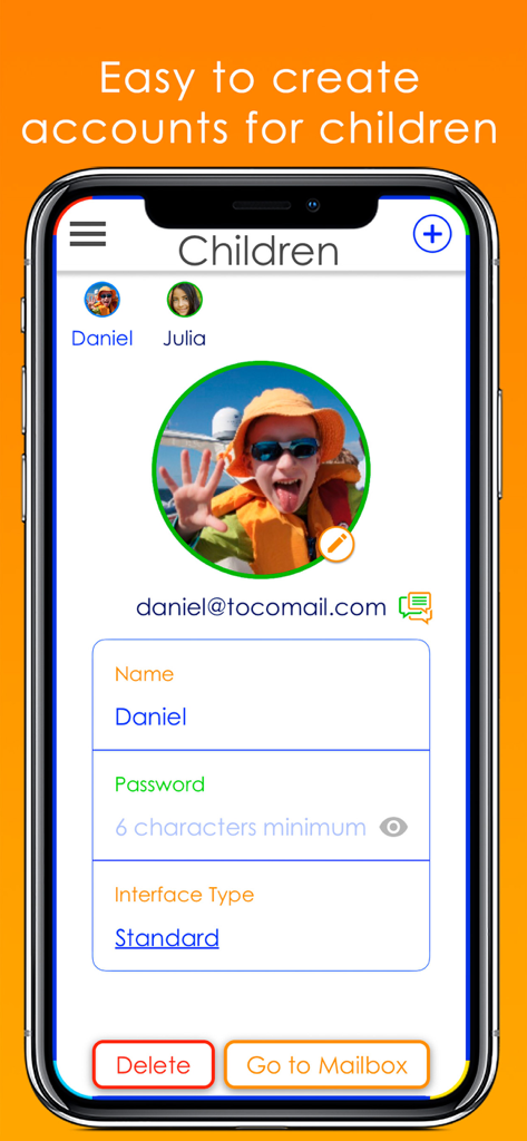 Tocomail - Email for Kids - Interface de l'application Tocomail montrant la création et la gestion des comptes de messagerie enfant avec les détails du profil et les photos.