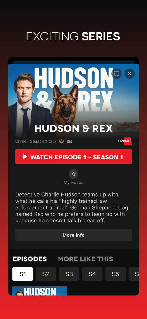 Mobile screen of the FilmBox plus app displaying the series Hudson and Rex with a watch now button