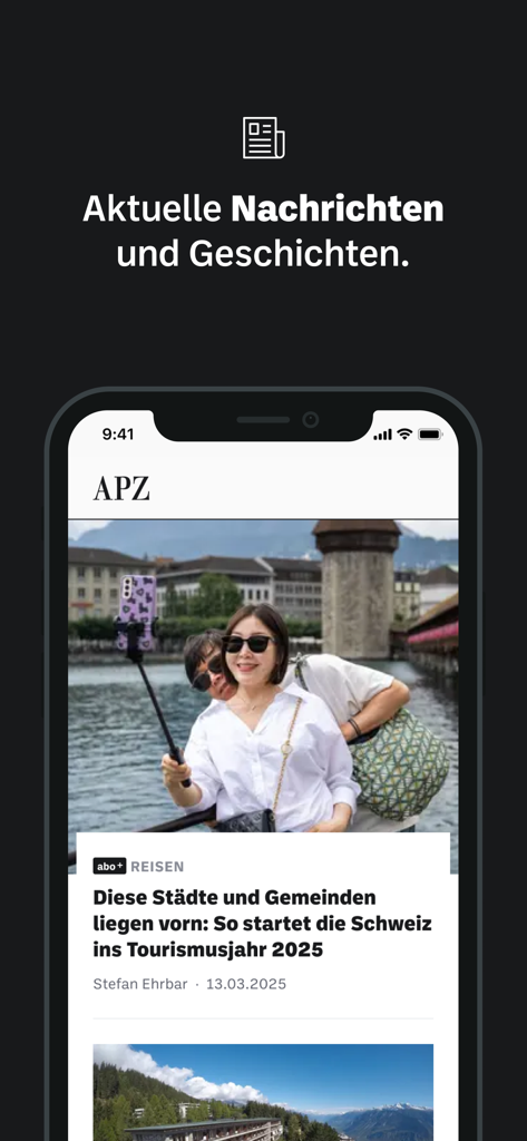 Appenzeller Zeitung - Pantalla de smartphone mostrando la app de noticias Appenzeller Zeitung con un artículo de viaje sobre Suiza
