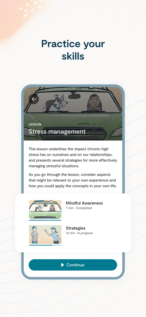 Lyra Health - Lyra Healthアプリのモバイル画面。マインドフルネスと臨床戦略のオプションを備えたストレス管理レッスンが表示されています。